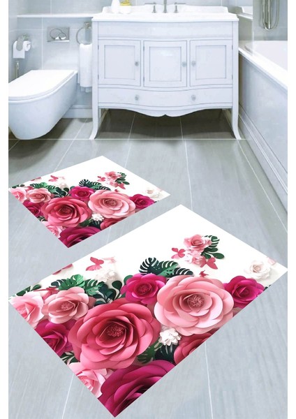 Birikmiş Güller Desenli Kaymaz Taban Yıkanabilir 2'li Desenli Banyo Paspası (50X60 cm - 60X100 Cm)