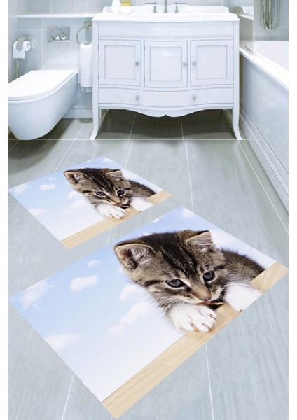 Masum Kedi Desenli Kaymaz Taban Yıkanabilir 2'li Desenli Banyo Paspası (50X60 cm - 60X100 Cm)
