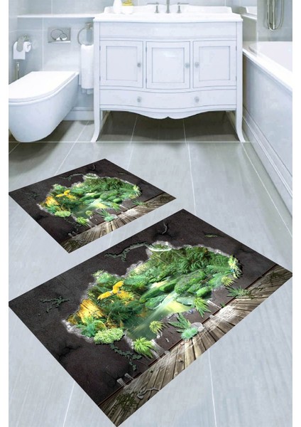 Duvardaki Doğa Manzarası Desenli Kaymaz Taban Yıkanabilir 2'li Desenli Banyo Paspası (50X60 cm - 60X100 Cm)
