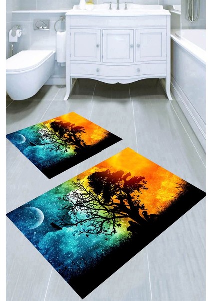 Karanlığın Birleşimi Desenli Kaymaz Taban Yıkanabilir 2'li Desenli Banyo Paspası (50X60 cm - 60X100 Cm)