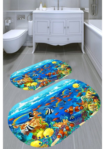 Renkli Balık Desenli Kaymaz Taban Yıkanabilir 2'li Desenli Banyo Paspası (50X60 cm - 60X100 Cm)
