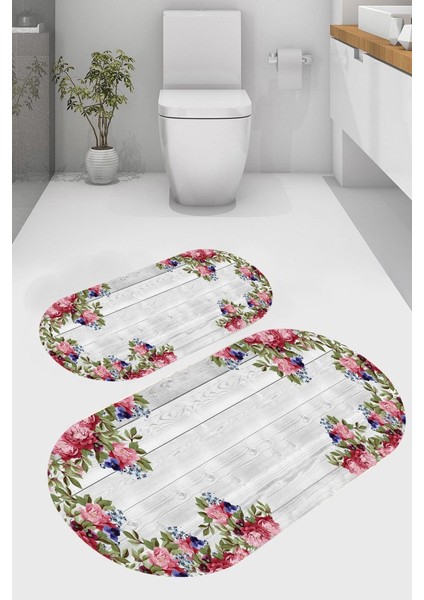 Tahta Çiçek Desenli Kaymaz Taban Yıkanabilir 2'li Desenli Banyo Paspası (50X60 cm - 60X100 Cm)