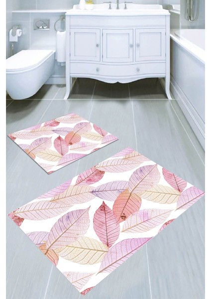 Pastel Renkli Yapraklar Kaymaz Taban Yıkanabilir 2'li Desenli Banyo Paspası (50X60 cm - 60X100 Cm)