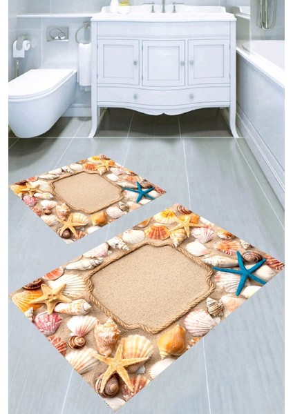Halat Çerçeve ve Kum Desenli Kaymaz Taban Yıkanabilir 2'li Desenli Banyo Paspası (50X60 cm - 60X100 Cm)