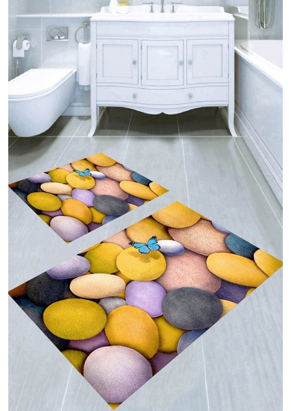 Taşlardaki Kelebek Desenli Kaymaz Taban Yıkanabilir 2'li Desenli Banyo Paspası (50X60 cm - 60X100 Cm)