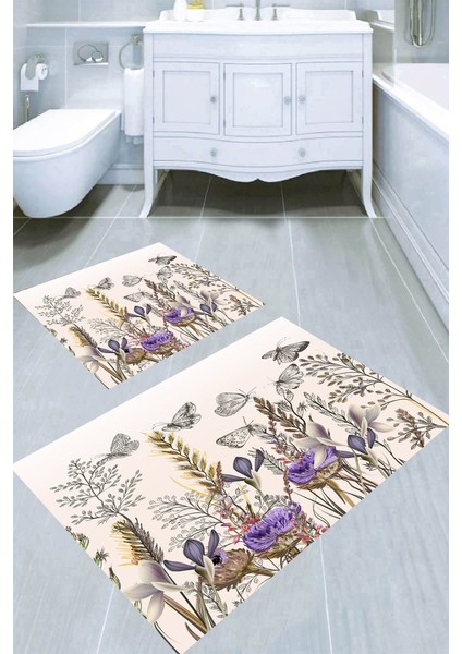 Mor Çiçekler ve Kelebek Çizimli Kaymaz Taban Yıkanabilir 2'li Desenli Banyo Paspası (50X60 cm - 60X100 Cm)