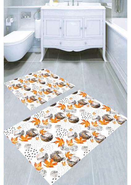 Turuncu Sonbahar Yaprakları Desenli Kaymaz Taban Yıkanabilir 2'li Desenli Banyo Paspası (50X60 cm - 60X100 Cm)