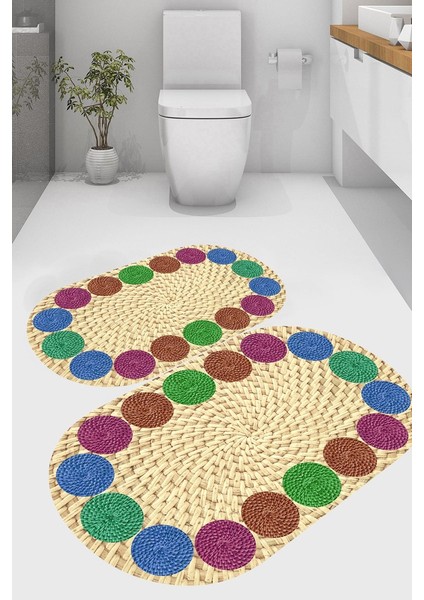 Oval Hasır Çerçeve Desenli Kaymaz Taban Yıkanabilir 2'li Desenli Banyo Paspası (50X60 cm - 60X100 Cm)