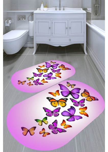 Renkli Kelebek Desenli Kaymaz Taban Yıkanabilir 2'li Desenli Banyo Paspası (50X60 cm - 60X100 Cm)