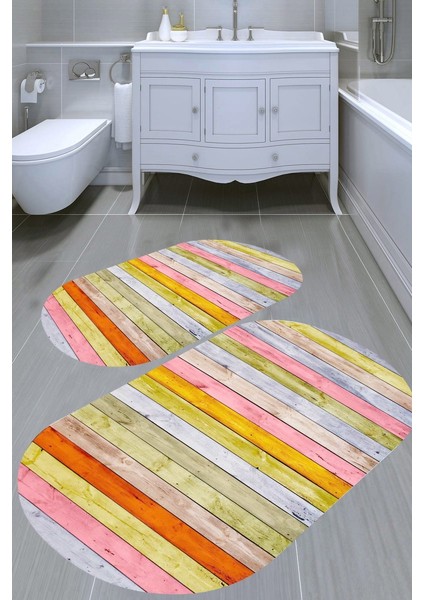 Renkli Tahta Tasarımlı Kaymaz Taban Yıkanabilir 2'li Desenli Banyo Paspası (50X60 cm - 60X100 Cm)