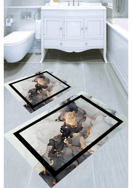 Dekoratif Çerçeve Desenli Granit Mermer Kaymaz Taban Yıkanabilir 2'li Desenli Banyo Paspası (50X60 cm - 60X100 Cm)