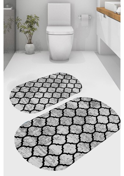 Geometrik Oval Desenli Kaymaz Taban Yıkanabilir 2'li Desenli Banyo Paspası (50X60 cm - 60X100 Cm)