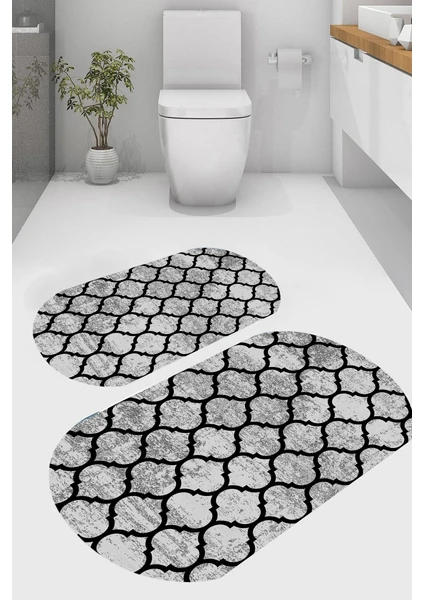 Geometrik Oval Desenli Kaymaz Taban Yıkanabilir 2'li Desenli Banyo Paspası (50X60 cm - 60X100 Cm)