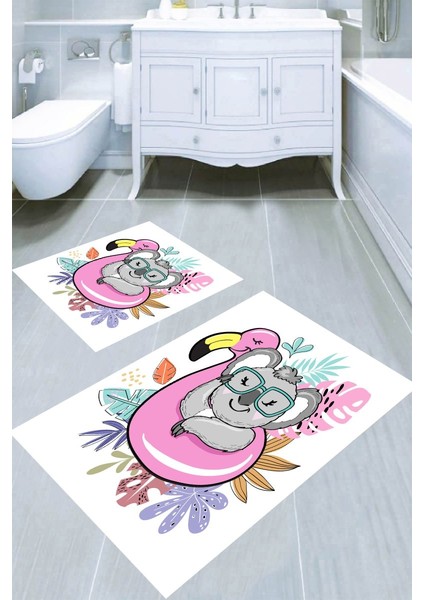 Yüzen Koala Desenli Kaymaz Taban Yıkanabilir 2'li Desenli Banyo Paspası (50X60 cm - 60X100 Cm)