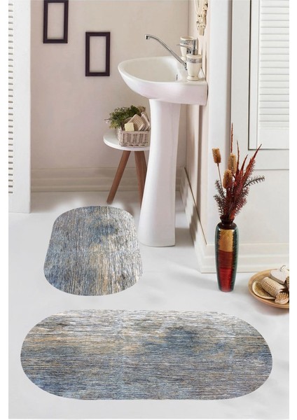 Düz Eskitme Desenli Kaymaz Taban Yıkanabilir 2'li Desenli Banyo Paspası (50X60 cm - 60X100 Cm)