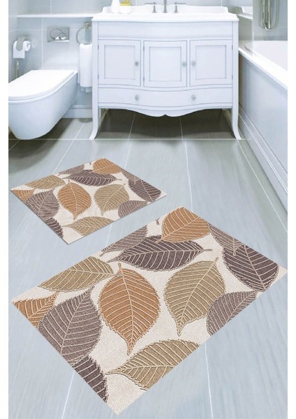 Kabartma Yaprak Desenli Kaymaz Taban Yıkanabilir 2'li Desenli Banyo Paspası (50X60 cm - 60X100 Cm)