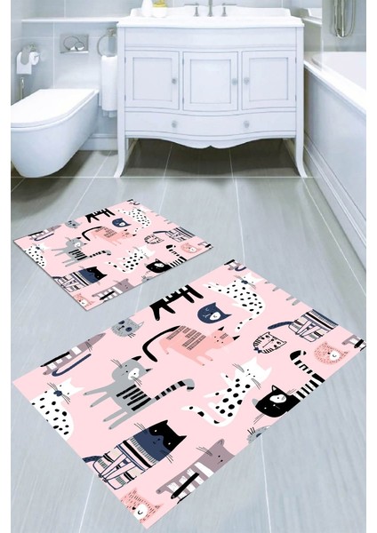 Pembe Zemin Kedi Desenli Kaymaz Taban Yıkanabilir 2'li Desenli Banyo Paspası (50X60 cm - 60X100 Cm)