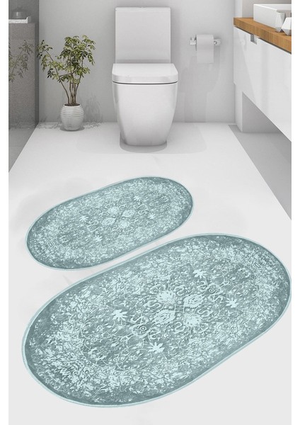 Mavi Düşler Tasarımlı Kaymaz Taban Yıkanabilir 2'li Desenli Banyo Paspası (50X60 cm - 60X100 Cm)