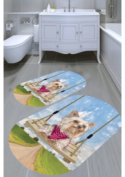 Köpek Tasarımlı Kaymaz Taban Yıkanabilir 2'li Desenli Banyo Paspası (50X60 cm - 60X100 Cm)