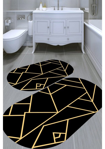 Parçalı Çizgi Desenli Kaymaz Taban Yıkanabilir 2'li Desenli Banyo Paspası (50X60 cm - 60X100 Cm)