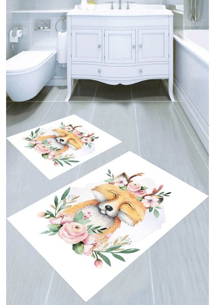 Sevimli Tilki Desenli Kaymaz Taban Yıkanabilir 2'li Desenli Banyo Paspası (50X60 cm - 60X100 Cm)
