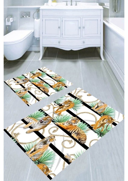 Kaplan ve Halat Desenli Kaymaz Taban Yıkanabilir 2'li Desenli Banyo Paspası (50X60 cm - 60X100 Cm)