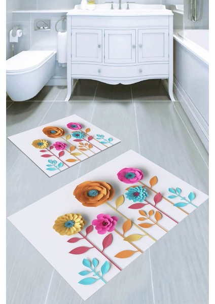 Üç Boyutlu Çiçek Desenli Kaymaz Taban Yıkanabilir 2'li Desenli Banyo Paspası (50X60 cm - 60X100 Cm)