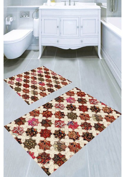 Etnik Geometrik Desenli Kaymaz Taban Yıkanabilir 2'li Desenli Banyo Paspası (50X60 cm - 60X100 Cm)