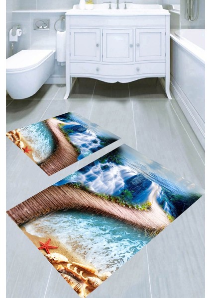 Şelale Yolu Desenli Kaymaz Taban Yıkanabilir 2'li Desenli Banyo Paspası (50X60 cm - 60X100 Cm)