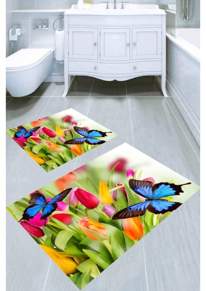 Renkli Laleler ve Kelebek Desenli Kaymaz Taban Yıkanabilir 2'li Desenli Banyo Paspası (50X60 cm - 60X100 Cm)