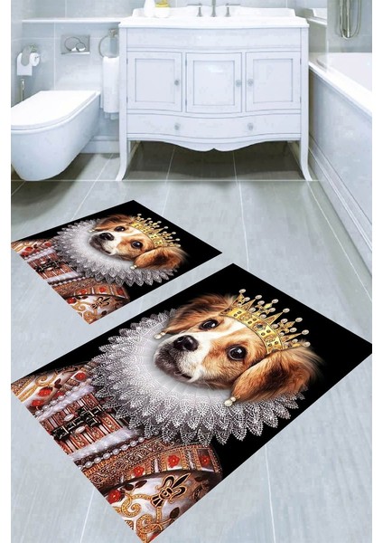 Inci Küpeli Köpek Desenli Kaymaz Taban Yıkanabilir 2'li Desenli Banyo Paspası (50X60 cm - 60X100 Cm)