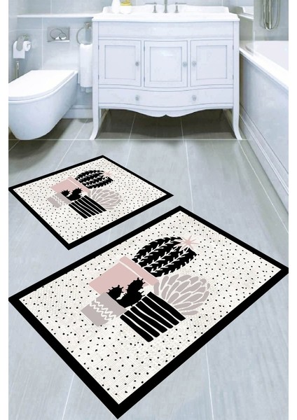 Siyah Çerçeve Kaktüs Desenli Kaymaz Taban Yıkanabilir 2'li Desenli Banyo Paspası (50X60 cm - 60X100 Cm)