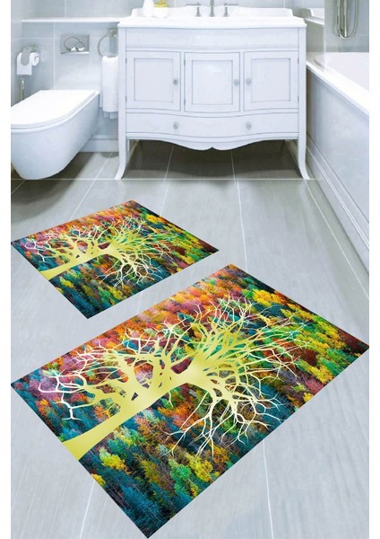 Baskı Ağaç Desenli Kaymaz Taban Yıkanabilir 2'li Desenli Banyo Paspası (50X60 cm - 60X100 Cm)