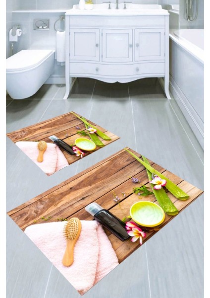 Tahta Zemin Spa Malzemeleri Desenli Kaymaz Taban Yıkanabilir 2'li Desenli Banyo Paspası (50X60 cm - 60X100 Cm)