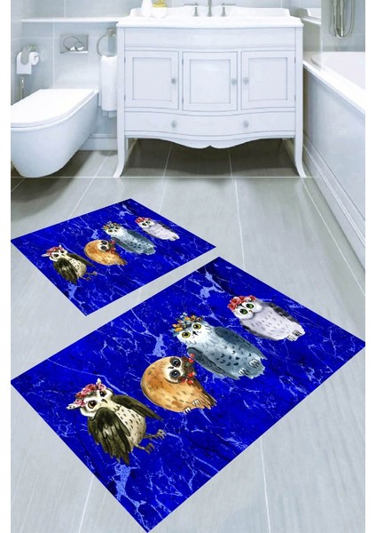Mavi Zemin Baykuş Desenli Kaymaz Taban Yıkanabilir 2'li Desenli Banyo Paspası (50X60 cm - 60X100 Cm)