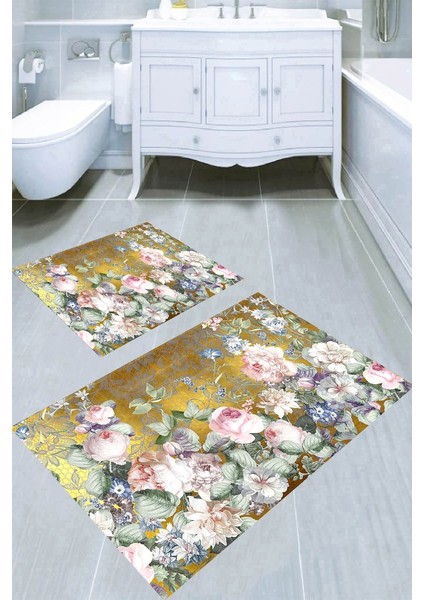 Tomurcuk Güller Desenli Kaymaz Taban Yıkanabilir 2'li Desenli Banyo Paspası (50X60 cm - 60X100 Cm)