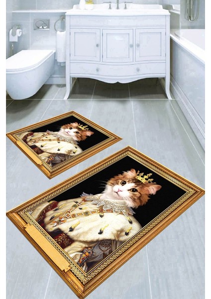 Çerçeve Detaylı Kedi Tasarımlı Kaymaz Taban Yıkanabilir 2'li Desenli Banyo Paspası (50X60 cm - 60X100 Cm)