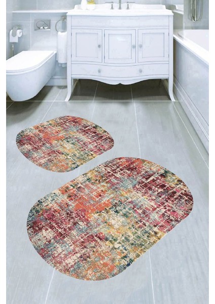 Pastel Eskitme Desenli Kaymaz Taban Yıkanabilir 2'li Desenli Banyo Paspası (50X60 cm - 60X100 Cm)