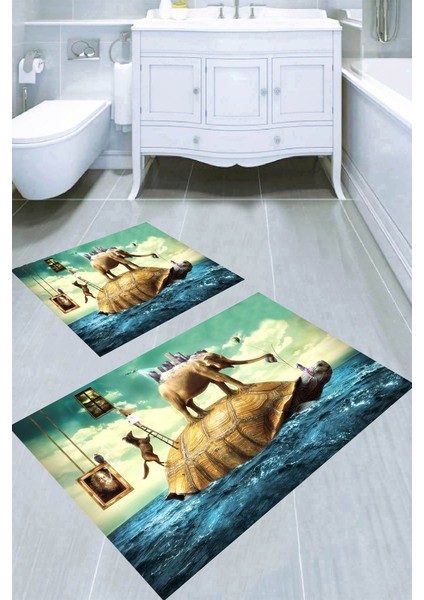 Kaplumbağa ve Fil Desenli Kaymaz Taban Yıkanabilir 2'li Desenli Banyo Paspası (50X60 cm - 60X100 Cm)
