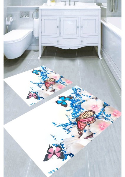 Beyaz Çiçekler ve Kelebek Dansı Desenli Kaymaz Taban Yıkanabilir 2'li Desenli Banyo Paspası (50X60 cm - 60X100 Cm)