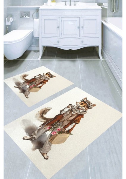 Çiçekli Tilki Desenli Kaymaz Taban Yıkanabilir 2'li Desenli Banyo Paspası (50X60 cm - 60X100 Cm)