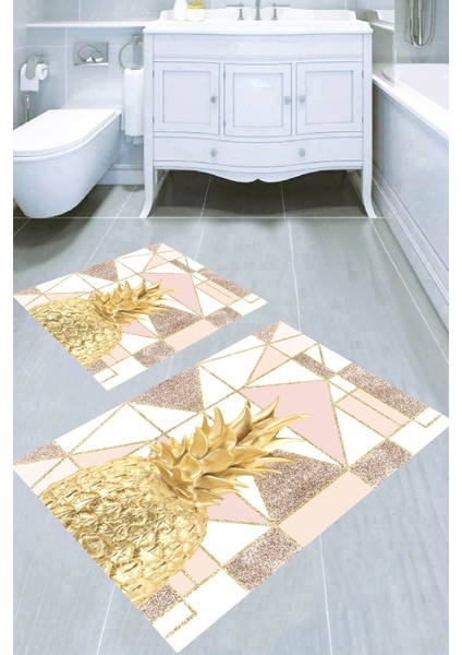 Star Tasarım Ananas Desenli Kaymaz Taban Yıkanabilir 2'li Desenli Banyo Paspası (50X60 cm - 60X100 Cm)