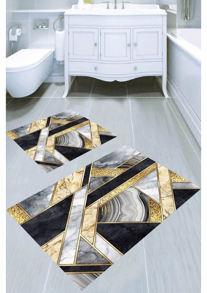 Altın Detaylı Gri Mermer Desenli Kaymaz Taban Yıkanabilir 2'li Desenli Banyo Paspası (50X60 cm - 60X100 Cm)