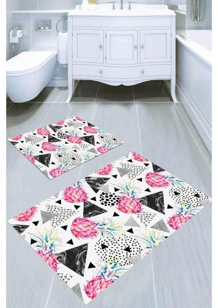 Pembe Ananas ve Mermer Desen Üçgenler Desenli Kaymaz Taban Yıkanabilir 2'li Desenli Banyo Paspası (50X60 cm - 60X100 Cm)