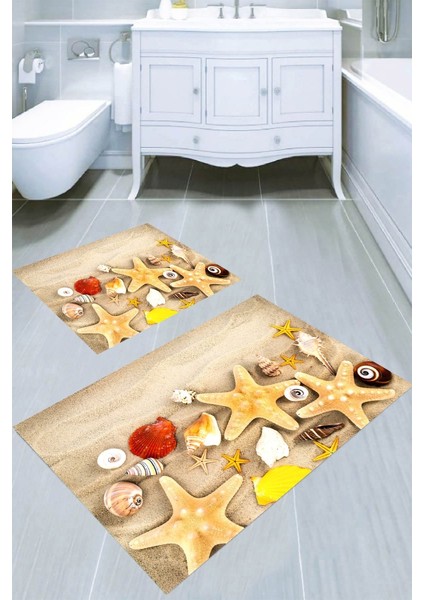 Kumsaldaki Yıldızlar Desenli Kaymaz Taban Yıkanabilir 2'li Desenli Banyo Paspası (50X60 cm - 60X100 Cm)
