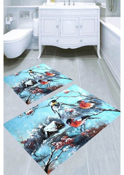 Tablotik Kış Kuşları Desenli Kaymaz Taban Yıkanabilir 2'li Desenli Banyo Paspası (50X60 cm - 60X100 Cm)