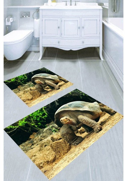 Üç Boyutlu Kaplumbağa Desenli Kaymaz Taban Yıkanabilir 2'li Desenli Banyo Paspası (50X60 cm - 60X100 Cm)
