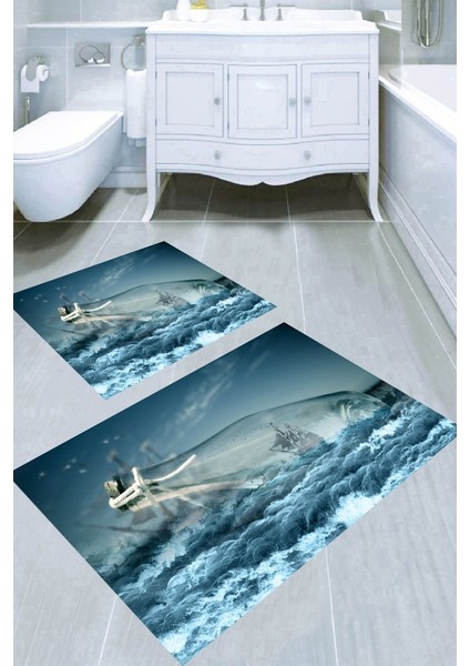 Cam Şişede Gemi Desenli Kaymaz Taban Yıkanabilir 2'li Desenli Banyo Paspası (50X60 cm - 60X100 Cm)