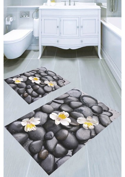 Doğal Taş ve Orkide Desenli Kaymaz Taban Yıkanabilir 2'li Desenli Banyo Paspası (50X60 cm - 60X100 Cm)