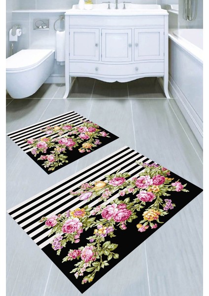 Siyah Çizgi Pembe Çiçek Desenli Kaymaz Taban Yıkanabilir 2'li Desenli Banyo Paspası (50X60 cm - 60X100 Cm)